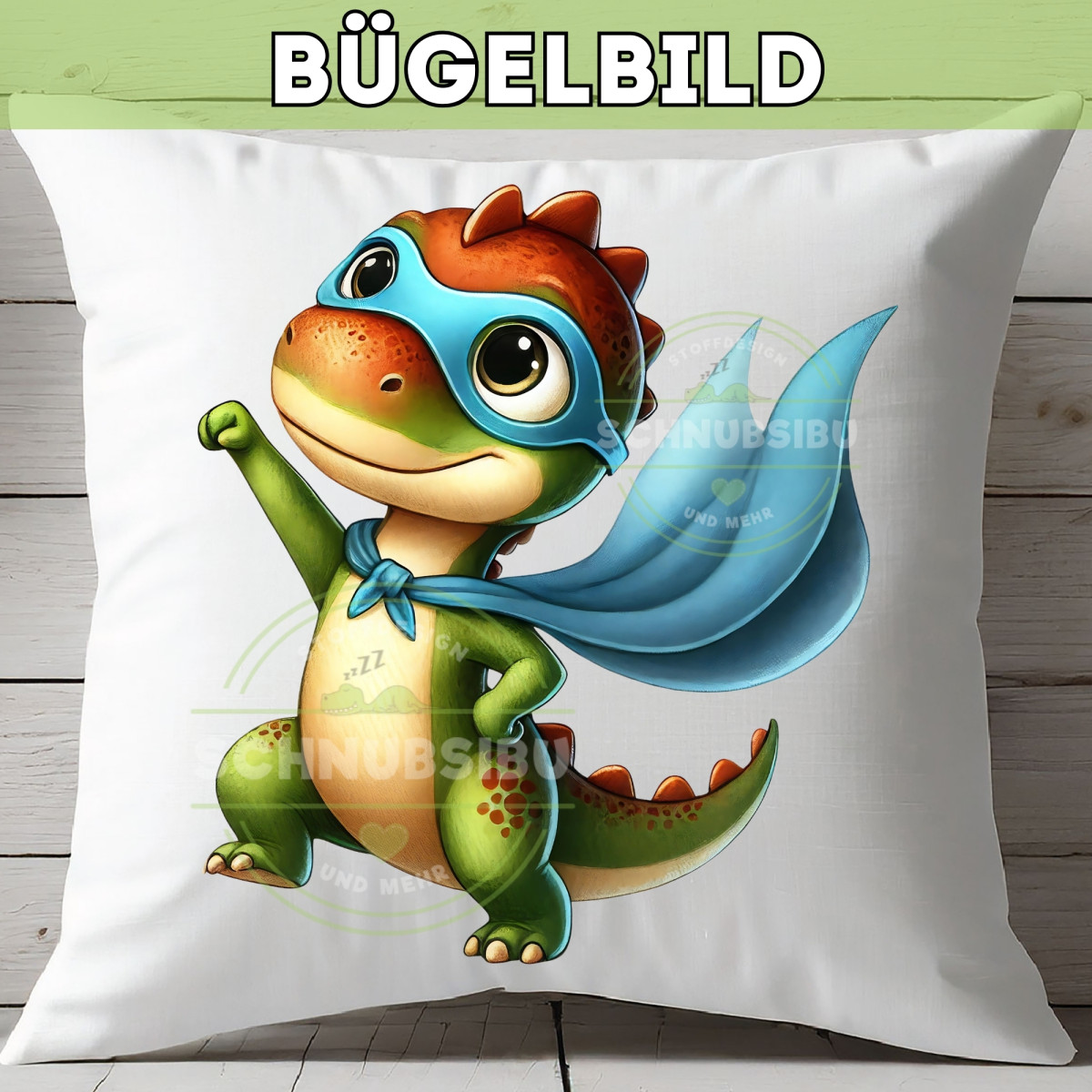 Bügelbild Niedlicher Dino Superheld blau